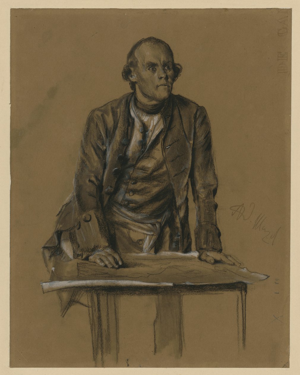 Modellstudie af prins Heinrich af Preussen, halvfigur set forfra, bøjet over et bord, »Fra kong Friedrichs tid. Krigs- og fredshelt«, 1856 (jf. Bock 1071) af Adolph Menzel