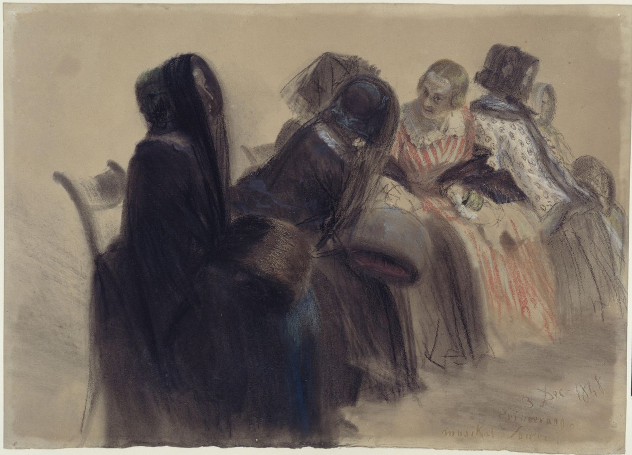 Musikalsk aften, seks damer, der sidder på stole i en række, der strækker sig mod højre og ind i dybden, og som delvis er i samtale af Adolph Menzel