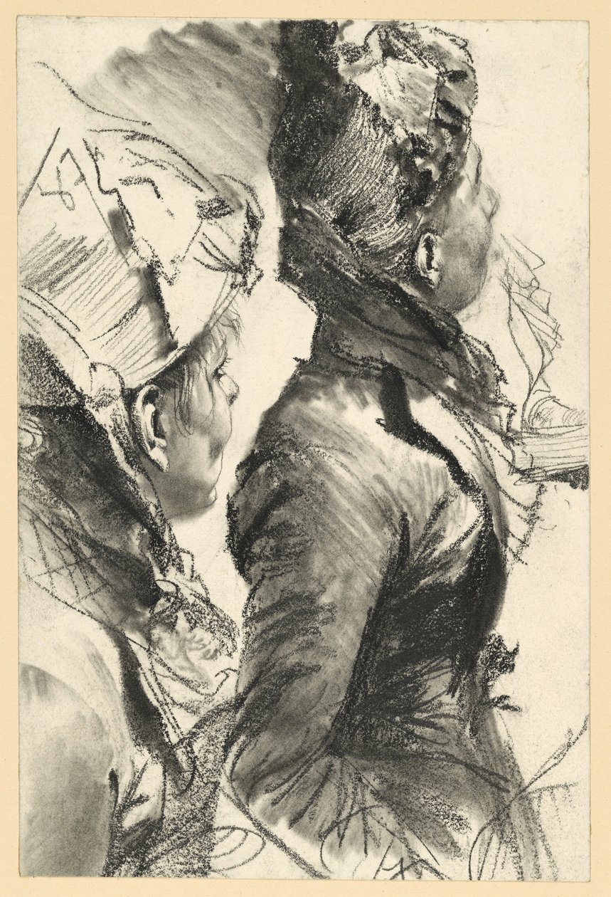 Kvinde med hat, der ser opad til højre, halvfigur i profil, to studier af Adolph Menzel