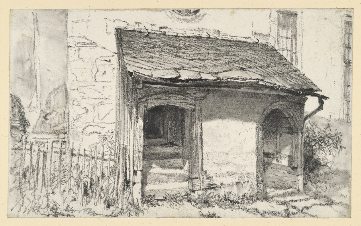 Lav forbygning til en kirke med to indgange og hegn af Adolph Menzel