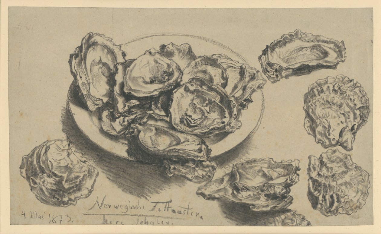 Norske fede østers, tomme skaller af Adolph Menzel