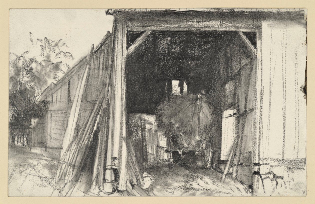 En åben lade med en vogn fyldt med halm af Adolph Menzel