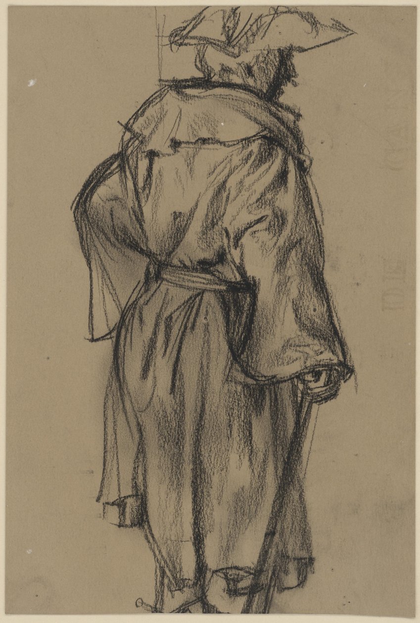 Officer i frakke og hat, med stok i højre hånd, set i halvprofil mod højre. (Studiemodell af Moritz von Anhalt-Dessau) af Adolph Menzel
