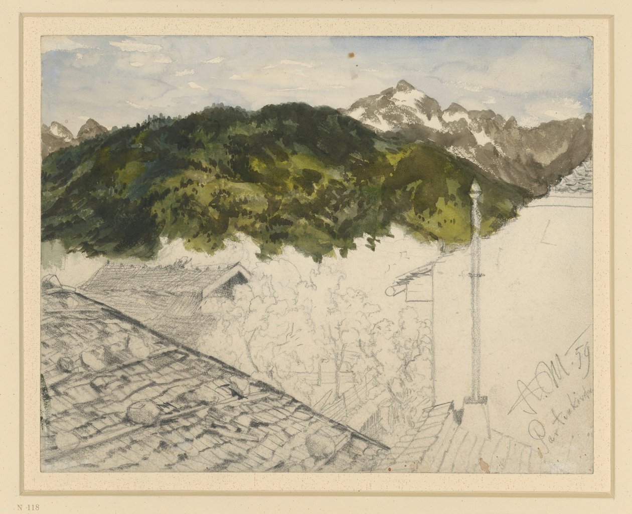 Partenkirchen, udsigt over bjergene og bondegårde af Adolph Menzel
