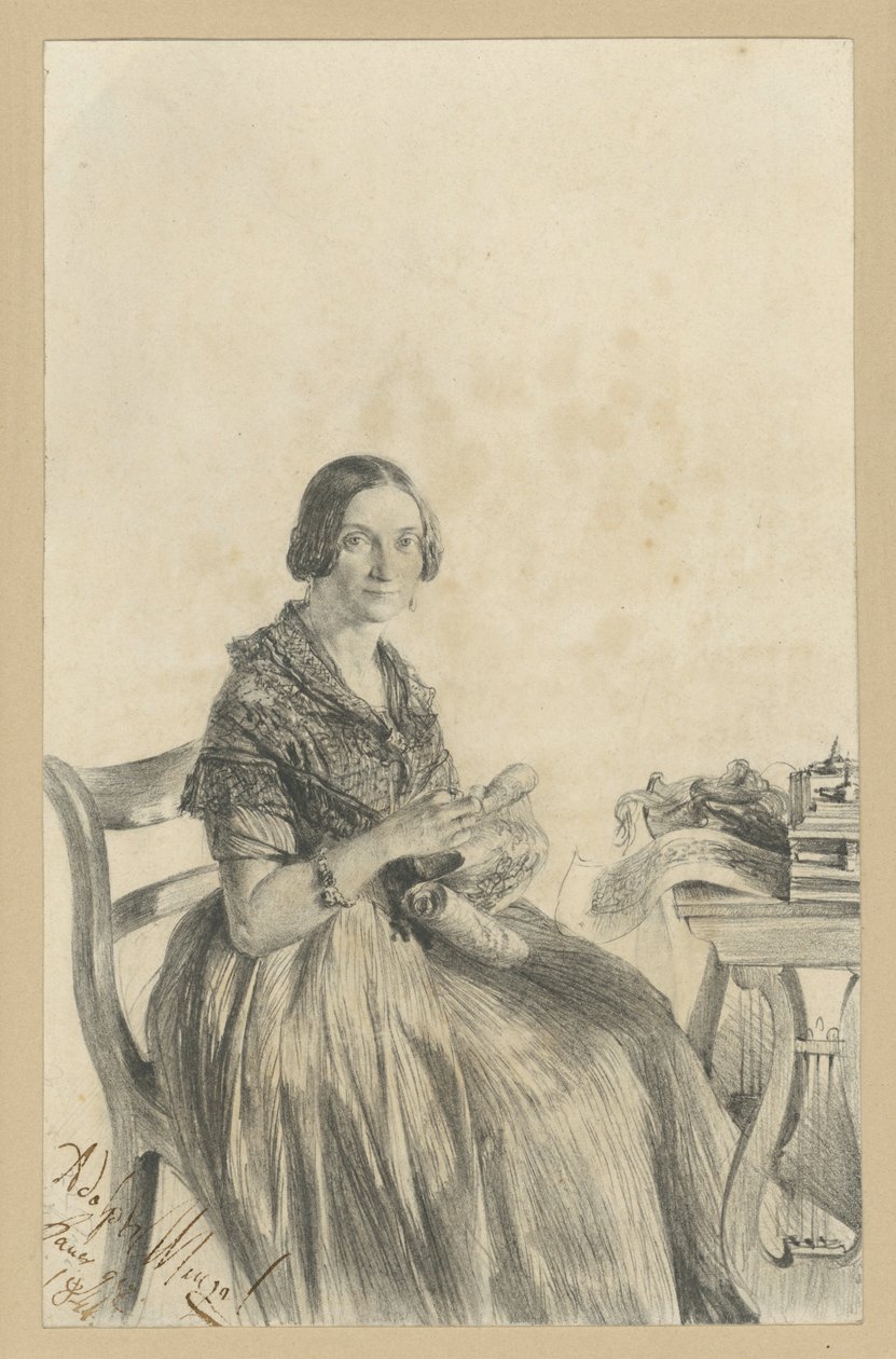 Pauline Martini, født Dambke, siddende ved bordet, med blikket vendt mod betragteren af Adolph Menzel