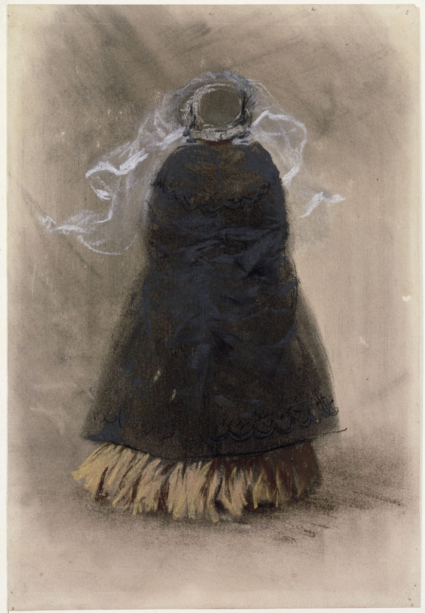 En dame set bagfra med hat og flagrende slør af Adolph Menzel