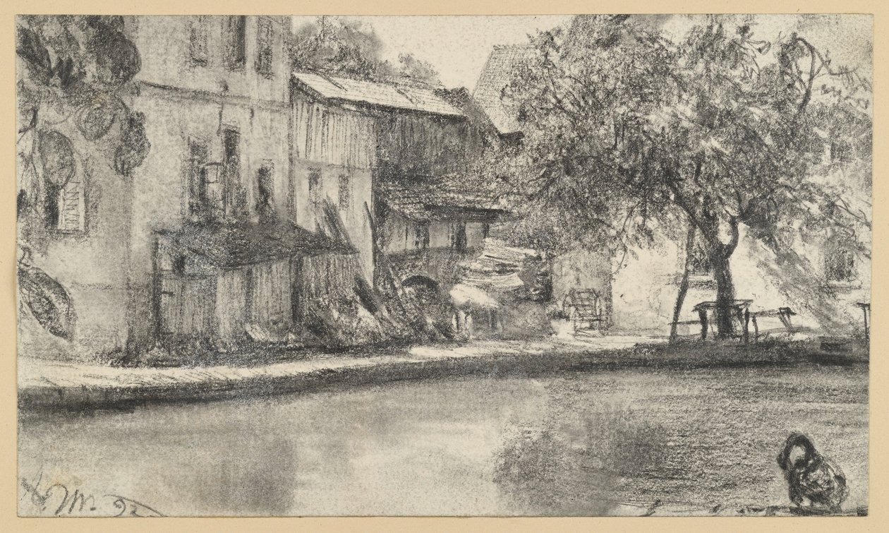 Bagsiden af en husrække og et træ ved vandet af Adolph Menzel