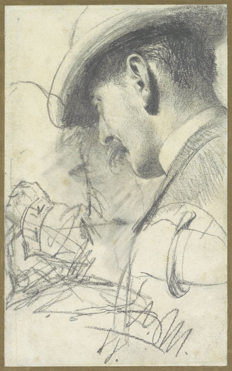 Skitseark med en herre med overskæg og hat, set skråt bagfra, foruden nogle detaljer af Adolph Menzel