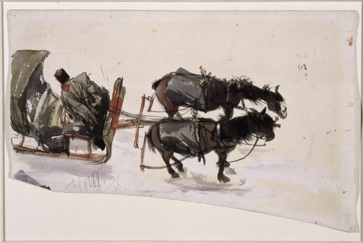 Slædeekvipage med to heste og kusk, set ovenfra af Adolph Menzel