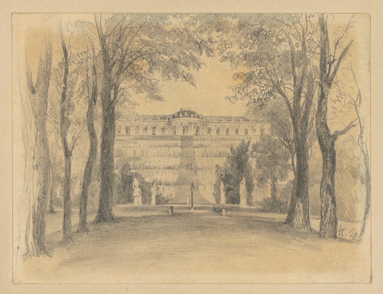 Sanssouci-slottet med terrasserne og springvandet af Adolph Menzel