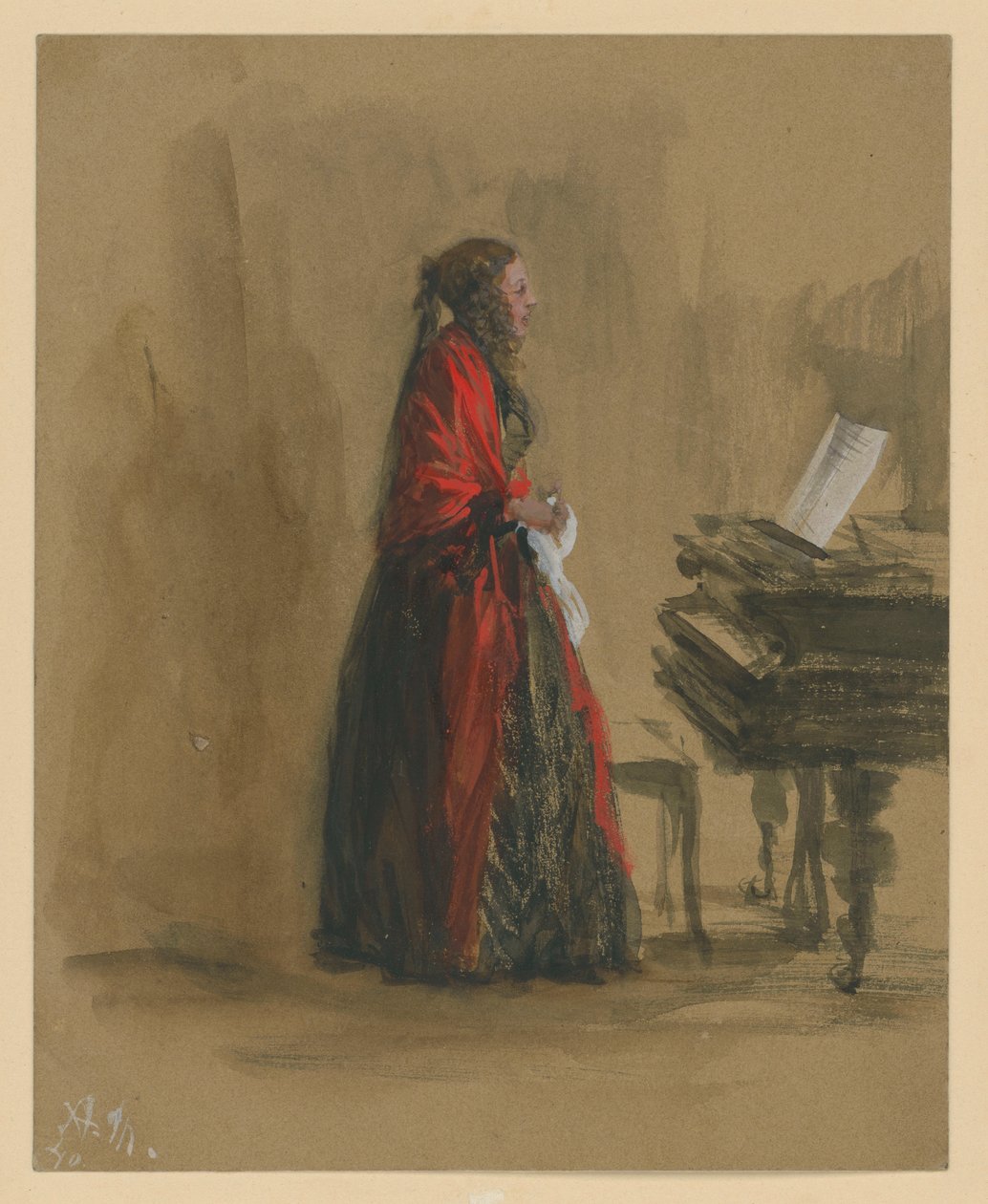 Syngende kvinde stående ved et flygel, i profil mod højre af Adolph Menzel