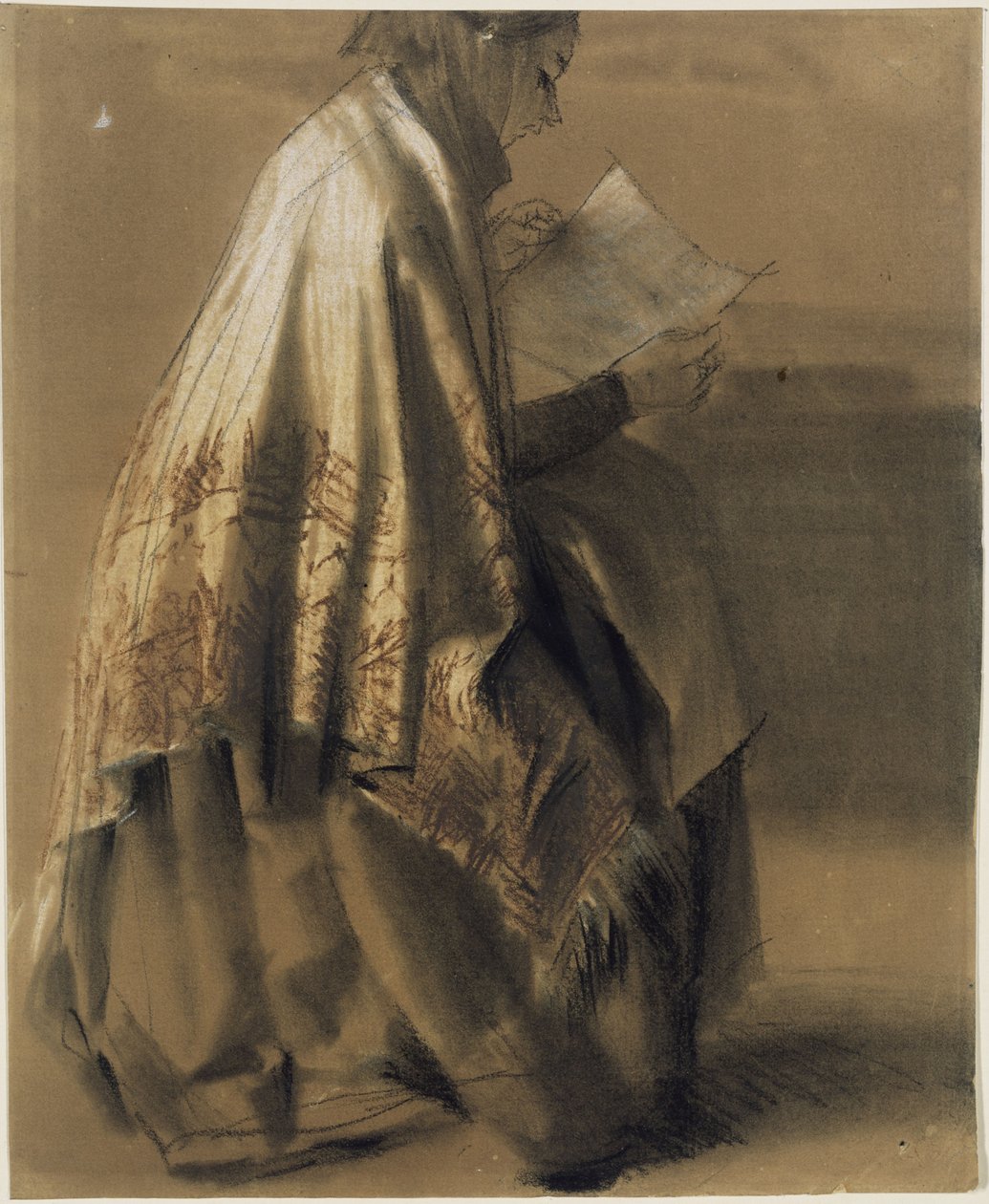 En siddende, læsende kvinde i et bredt sjal af Adolph Menzel