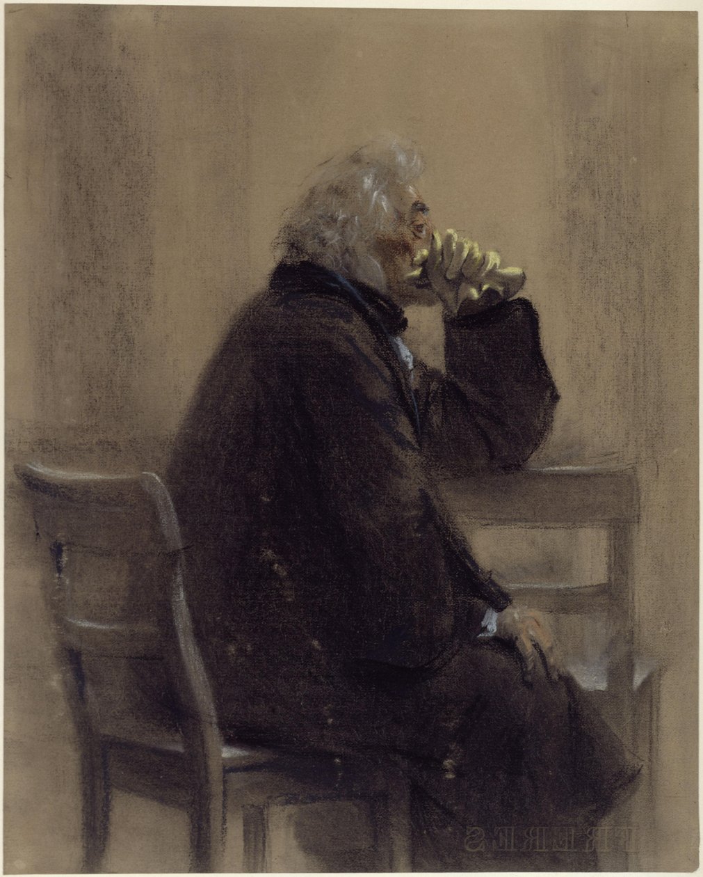 En ældre herre, der sidder iført en overfrakke med handsker og knæbeskyttelse; set i profil mod højre af Adolph Menzel