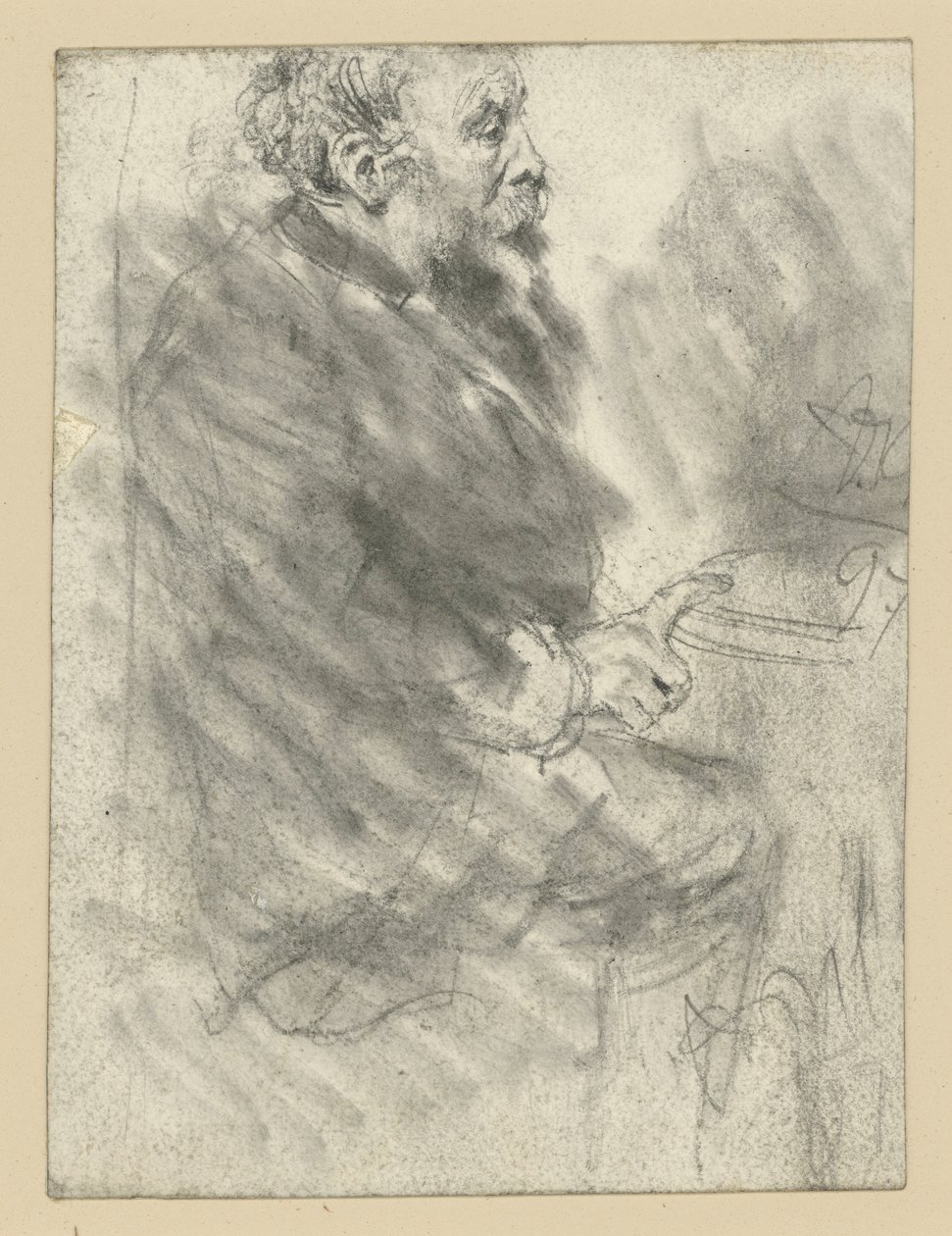 En siddende, skægget mand, vendt mod højre, med pegefingeren på højre hånd strakt ud og hvilende på bordpladen af Adolph Menzel