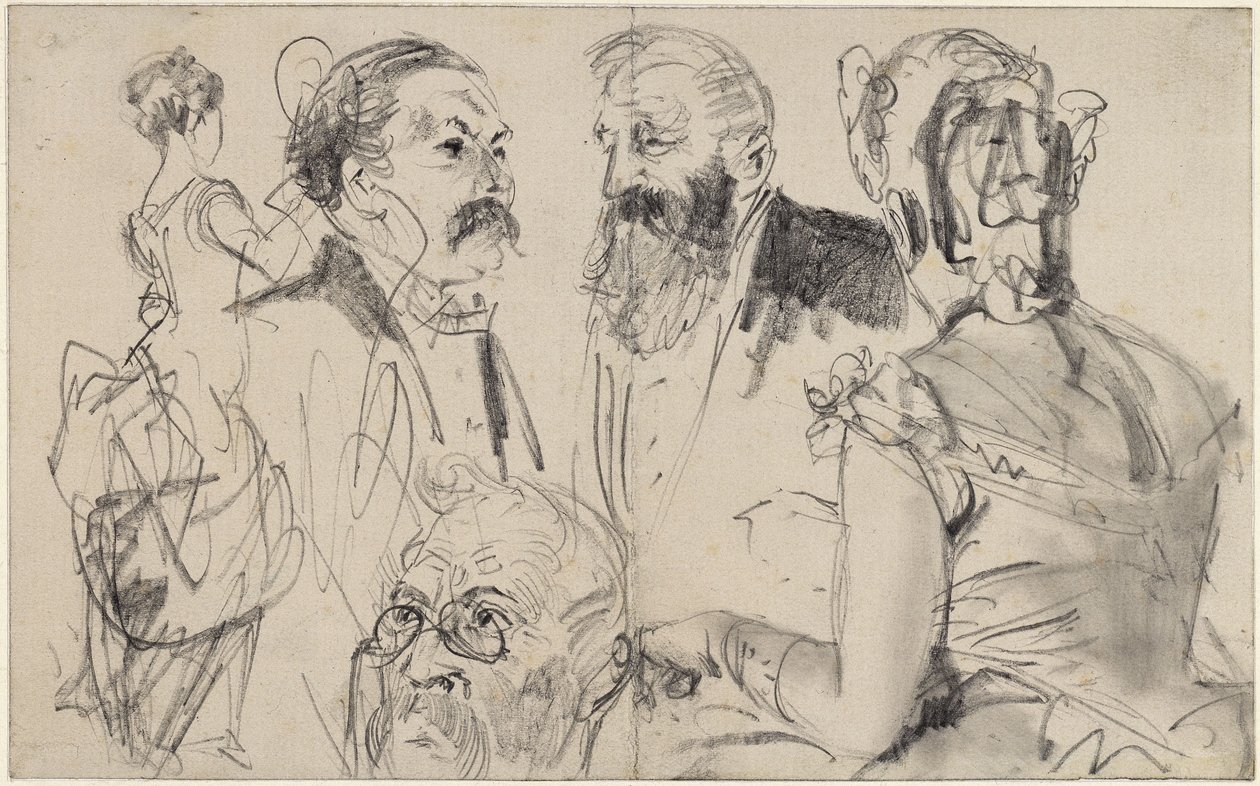 Skitseblad med tre mandshoveder og to kvindelige rygfigurer fra et fornemt selskab af Adolph Menzel