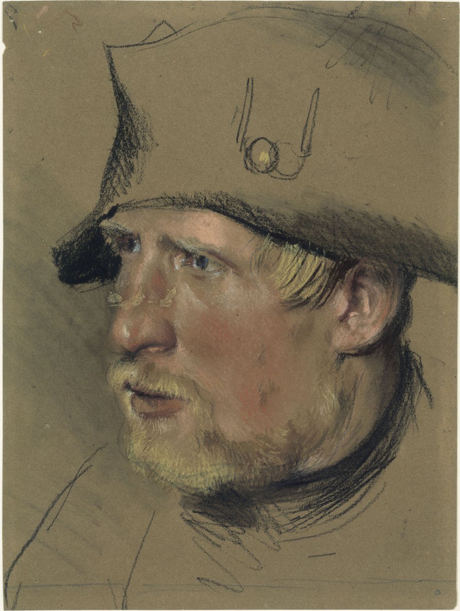 Soldat med blondt overskæg og fipskæg i trekantet hat, hovedstudie af Adolph Menzel