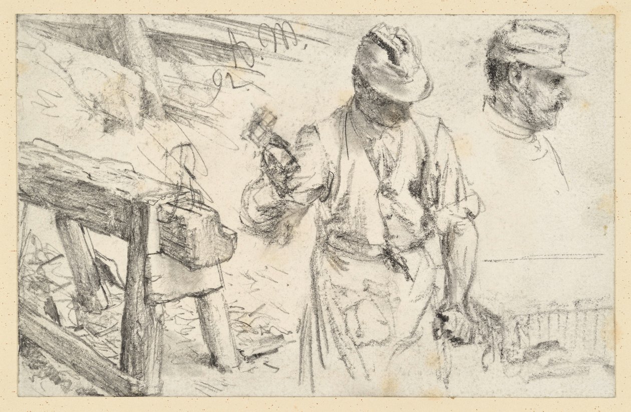 Stenhugger på arbejde, værkstedsbuk og detaljer af Adolph Menzel