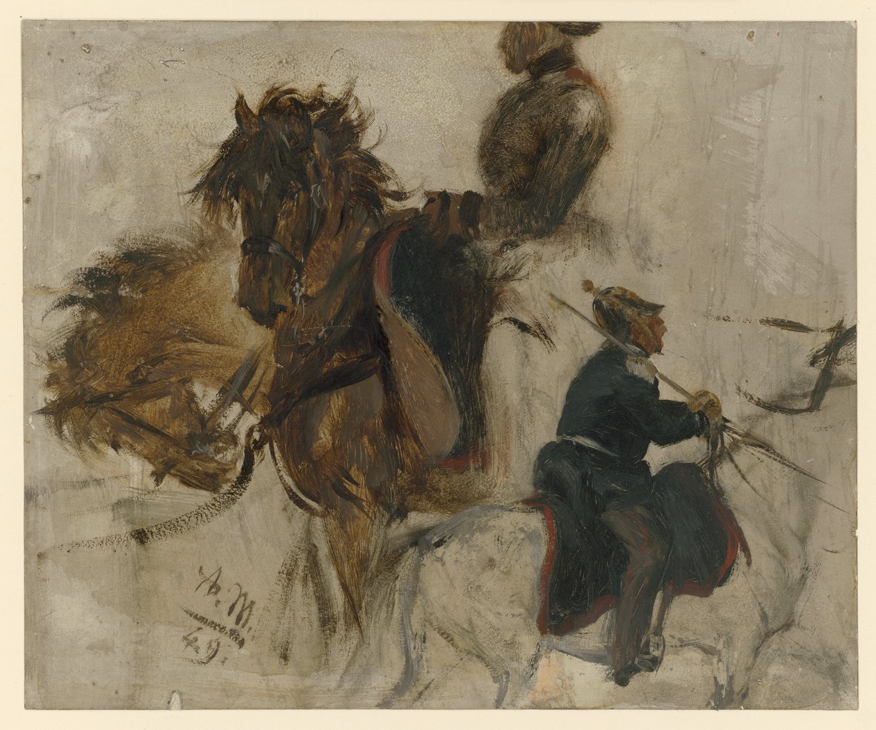 Studie med ridende soldat og hestehoveder af Adolph Menzel