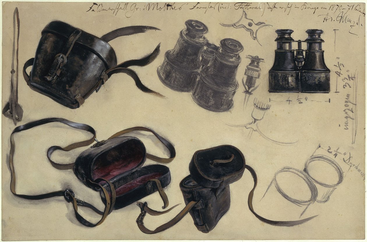 Undersøgelse af feltmarskal grev von Moltkes kikkert, etui og detaljer, med noter af Adolph Menzel