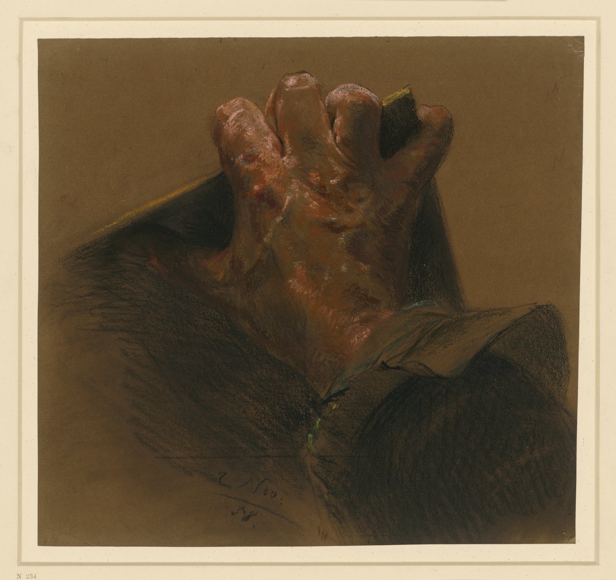 Studie efter en mandlig højre hånd, der griber over kanterne på en plade af Adolph Menzel