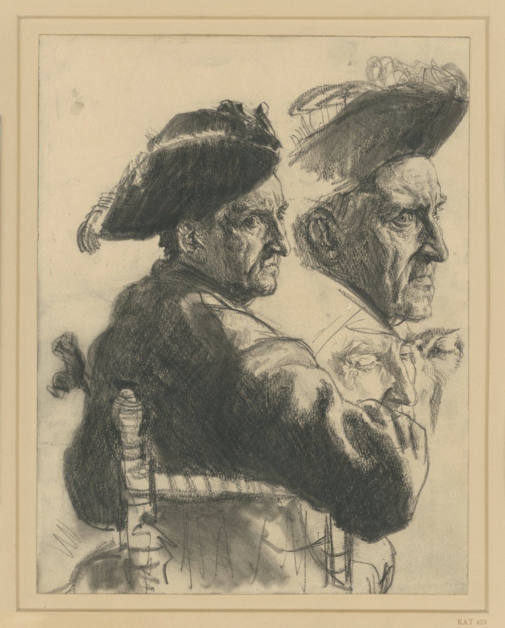 Studieark: siddende officer set bagfra, hovedstudie, detaljer af ansigtet af Adolph Menzel