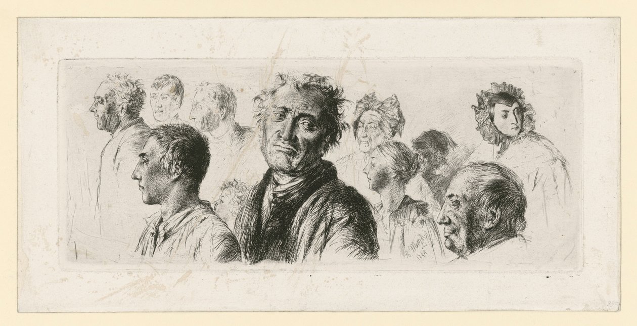 Studieark fra sindssygeanstalten. Ti hoveder, for det meste vendt mod venstre af Adolph Menzel