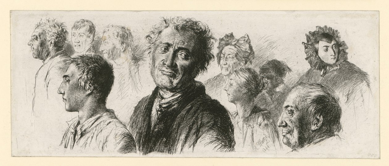 Studieark fra sindssygeanstalten. Ti hoveder, for det meste vendt mod venstre af Adolph Menzel