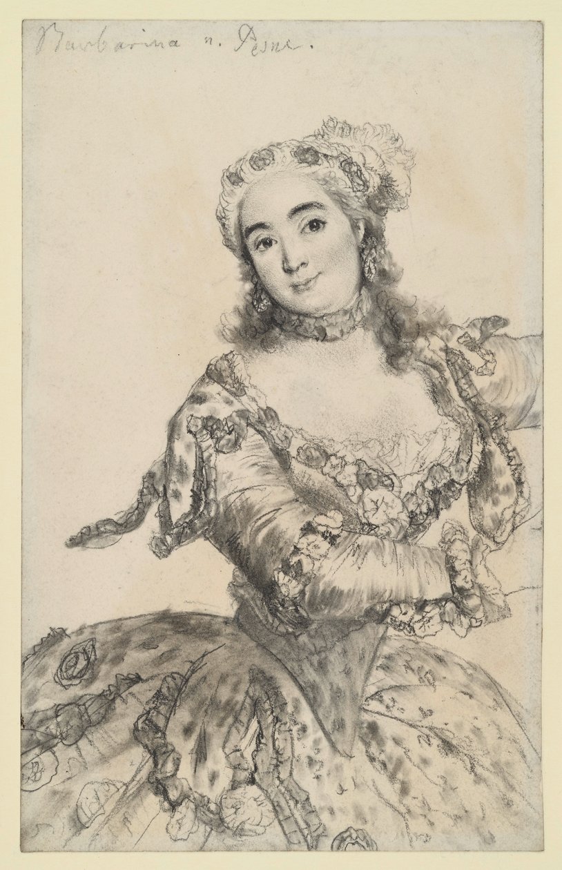 Danserinden Barbarina i dansende bevægelse. Knæstykke en face. Kopi efter Pesne i Sanssouci. af Adolph Menzel