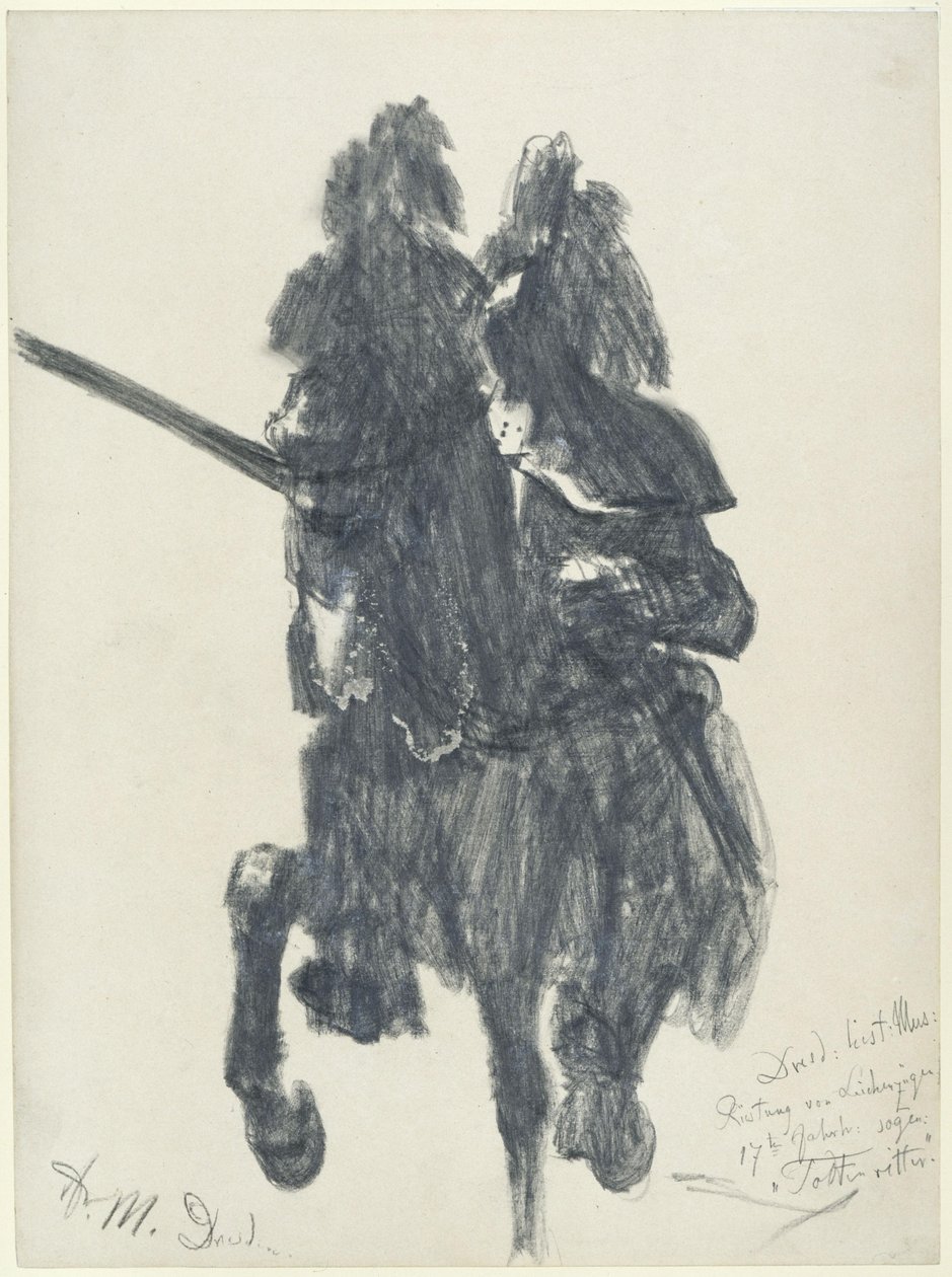 »Dødens ridder«. Rytterfigur i turneringsrustning fra slutningen af det 16. århundrede med lanse på Det Historiske Museum i Dresden af Adolph Menzel
