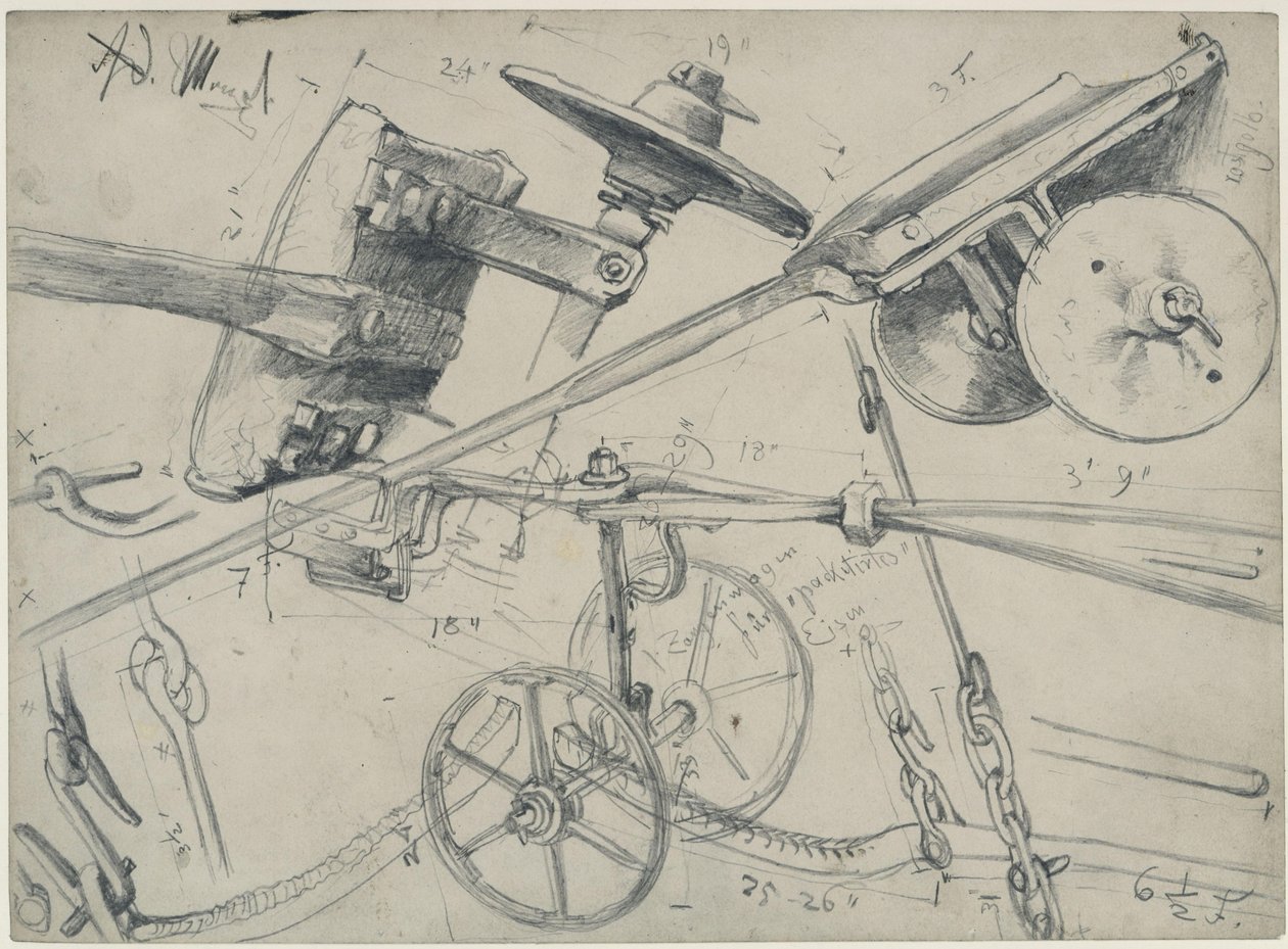 Transportvogn med detaljer og mål. Studie til »Jernvalseværket. Moderne kykloper« af Adolph Menzel