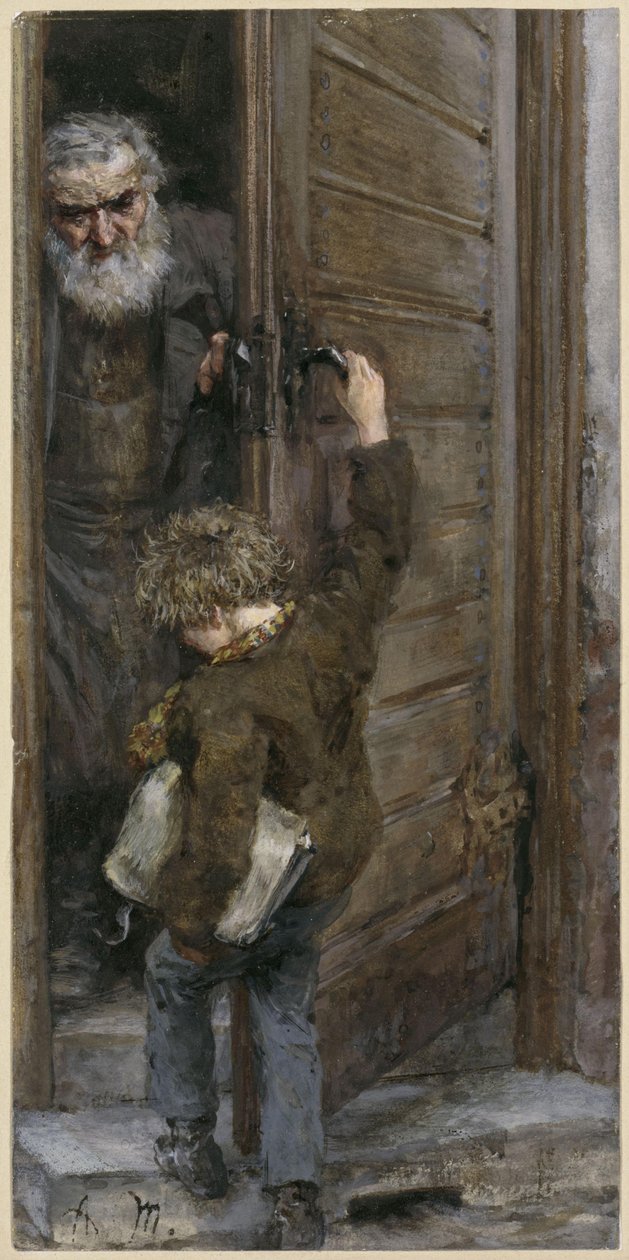 Far og søn ved døren. Fra «Børnealbummet» af Adolph Menzel