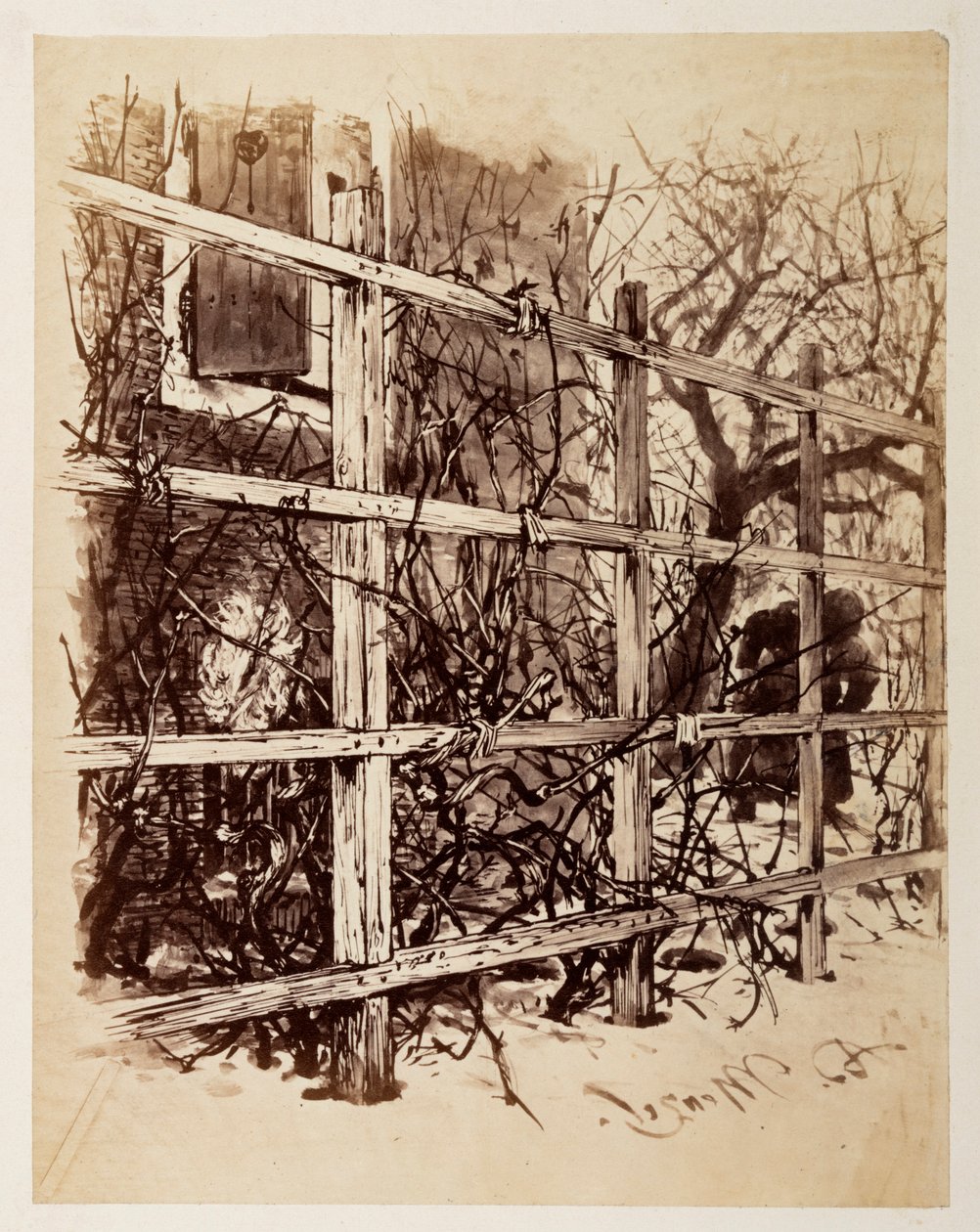 Foran et hus står et espalier, hvor der hænger en paryk, til Heinrich von Kleists »Den knækkede krukke« af Adolph Menzel