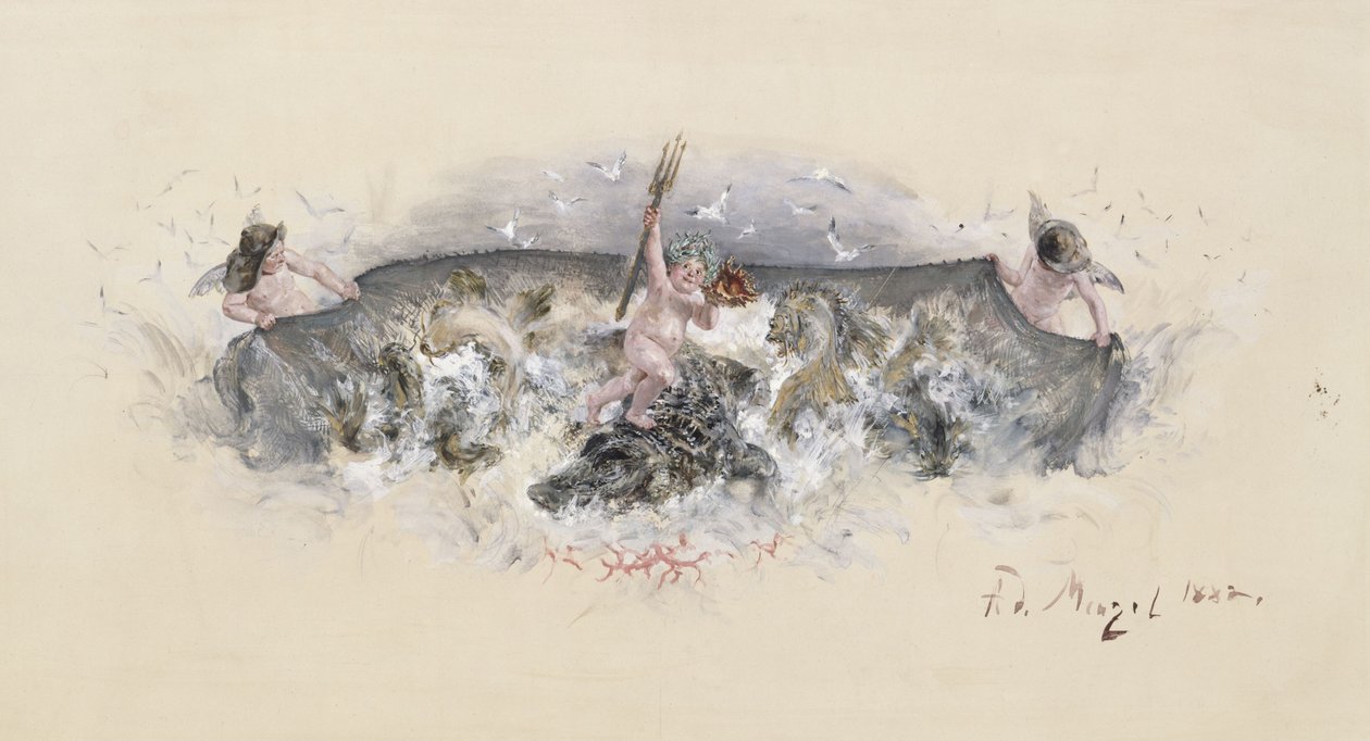 Udkast til udsmykning af fiskefadet i bordservicet til kronprinseparrets sølvbryllup af Adolph Menzel