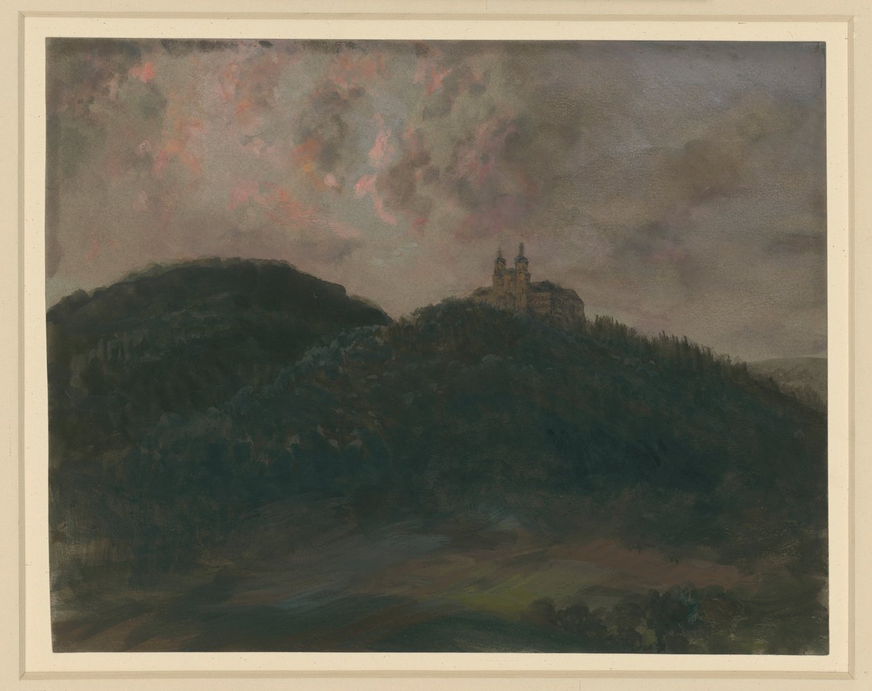 Skovklædt bjerglandskab med Klosten Banz nær Lichtenfels i Bayern på højderyggen af Adolph Menzel