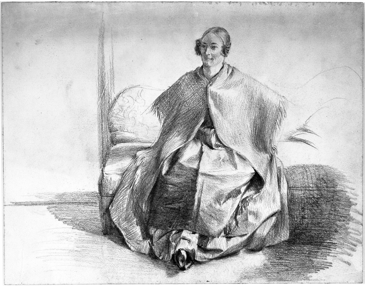Kvindelig kostumefigur med sjal, siddende på en sofa af Adolph Menzel
