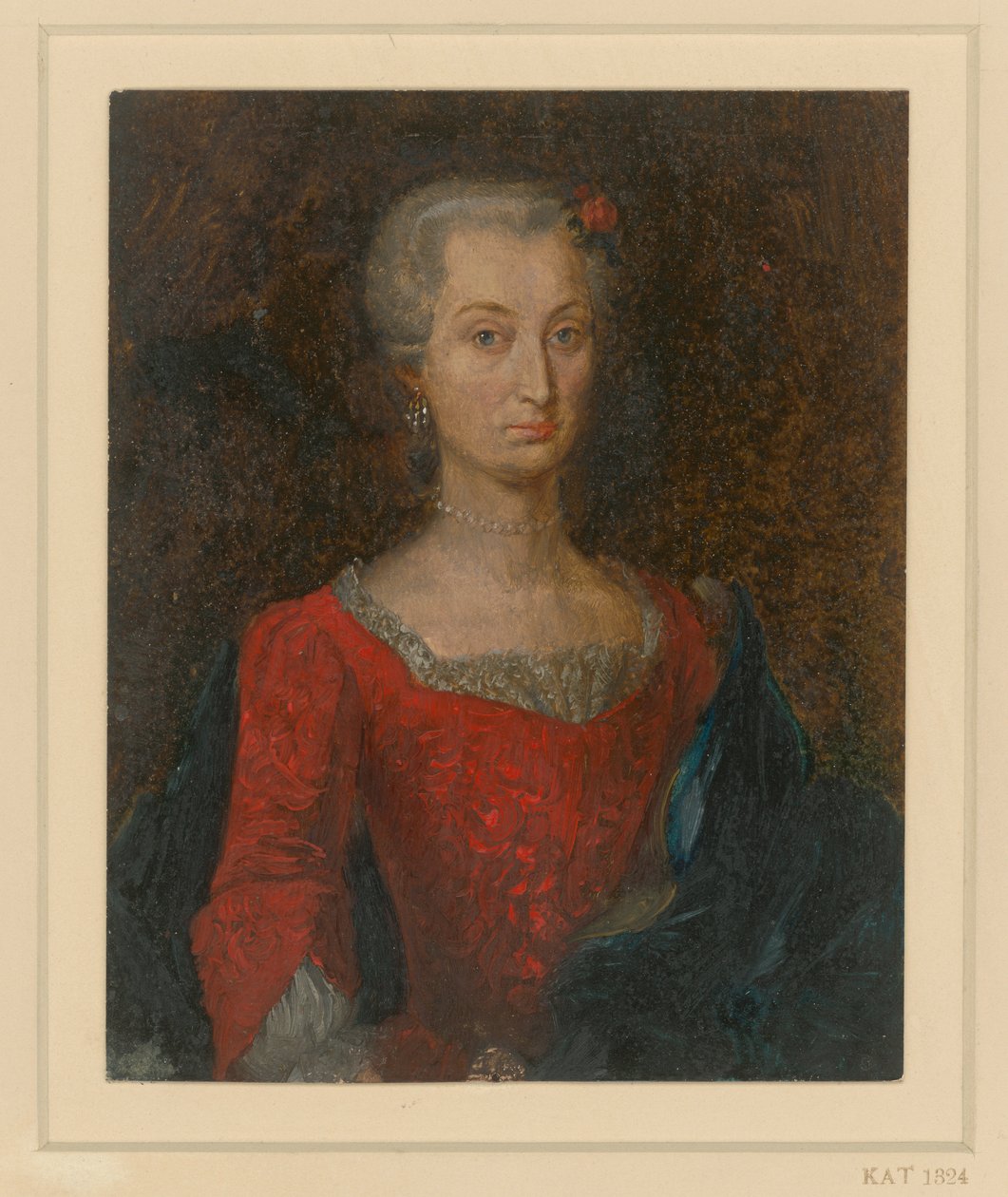 Kvindeportræt i rød kjole med blå kappe af Adolph Menzel