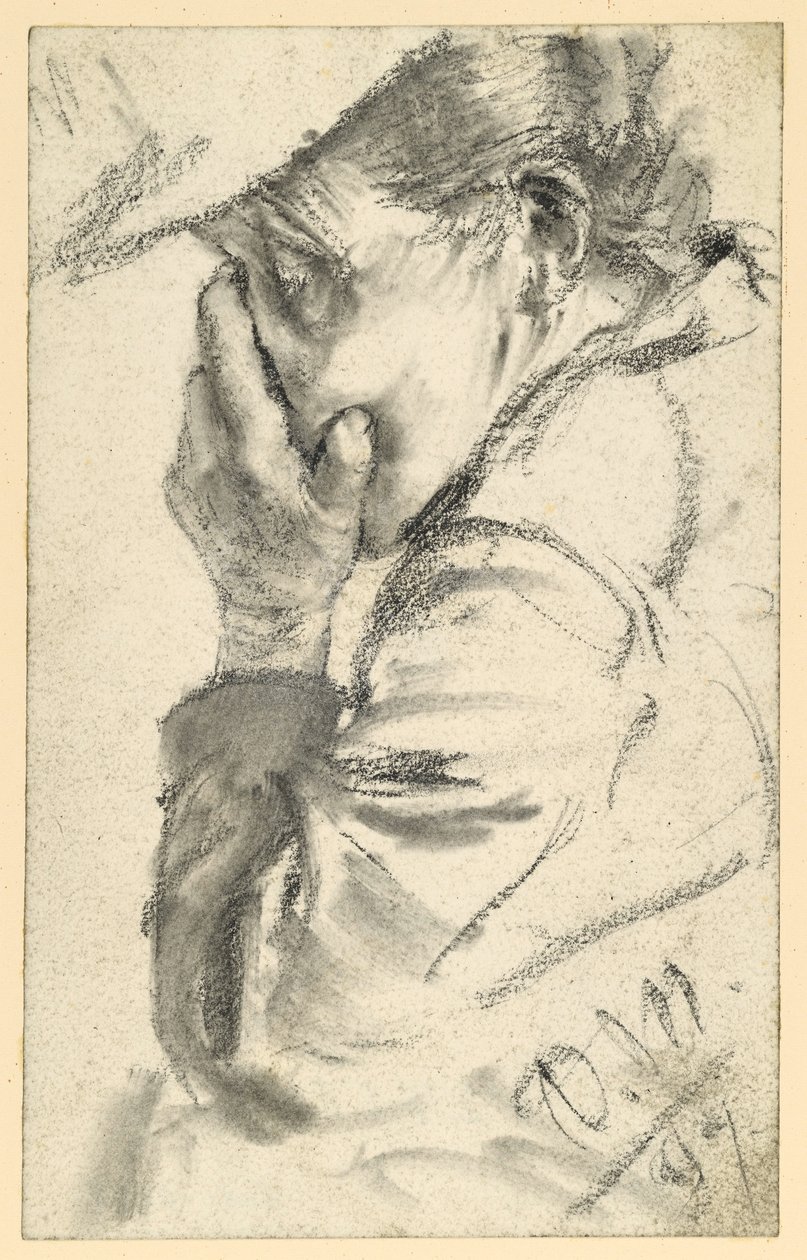 En grædende gammel kvinde, der holder ansigtet i hænderne, brystbillede set mod venstre af Adolph Menzel