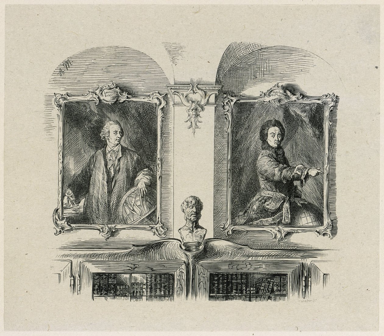 Værker af Frederik den Store. Leonhard Euler og Pierre-Louis de Maupertuis af Adolph Menzel