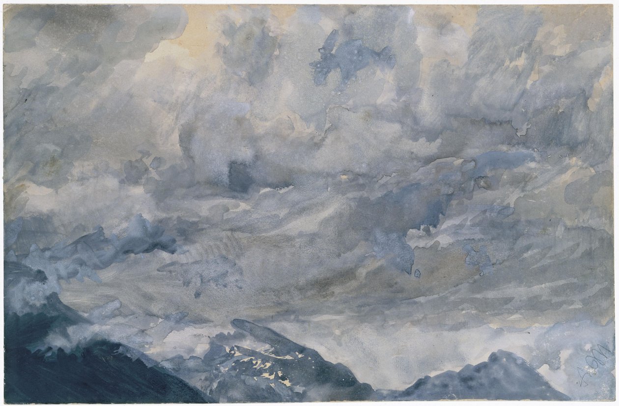 Skyet himmel over bjergtoppene af Adolph Menzel