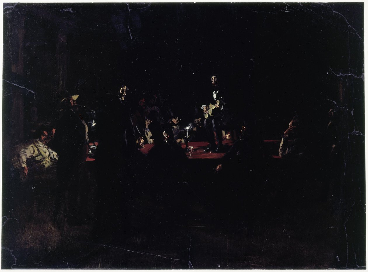 Festdeltagere omkring et stort bord og en sanger af Adolph Menzel
