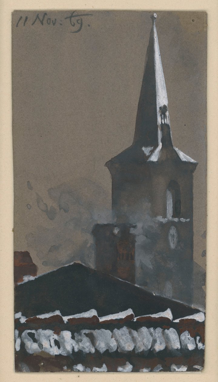 Snedækket tegltag og kirketårn af Adolph Menzel