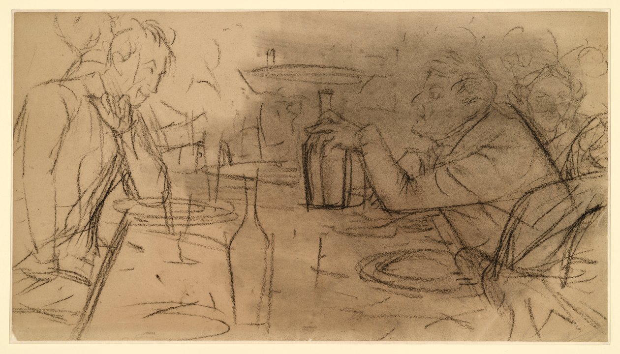 To herrer, der sidder over for hinanden ved et bord på en kro og taler sammen af Adolph Menzel