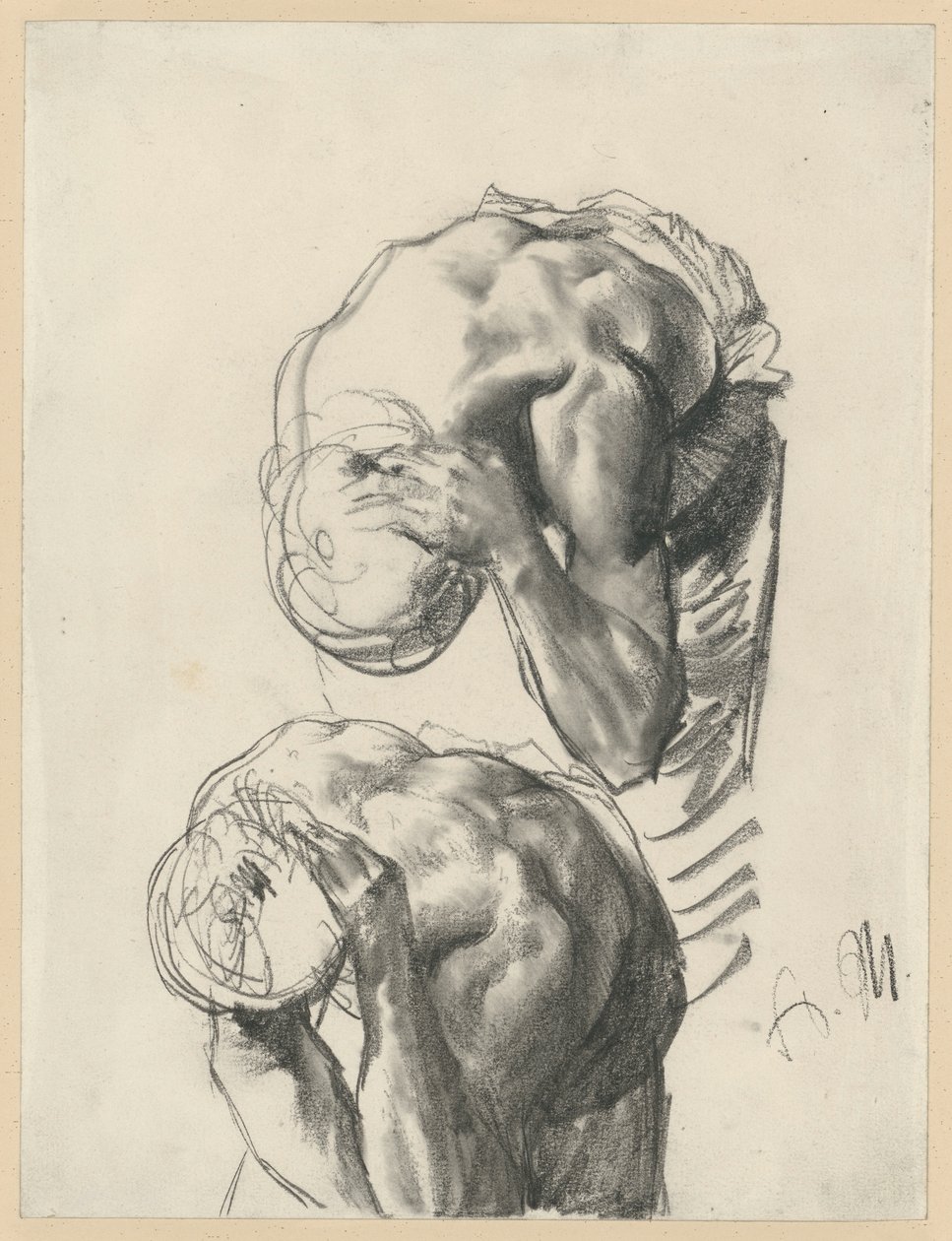 To studier: Arbejder, der vasker sig. Studie til »Jernvalseværket. Moderne kykloper« af Adolph Menzel