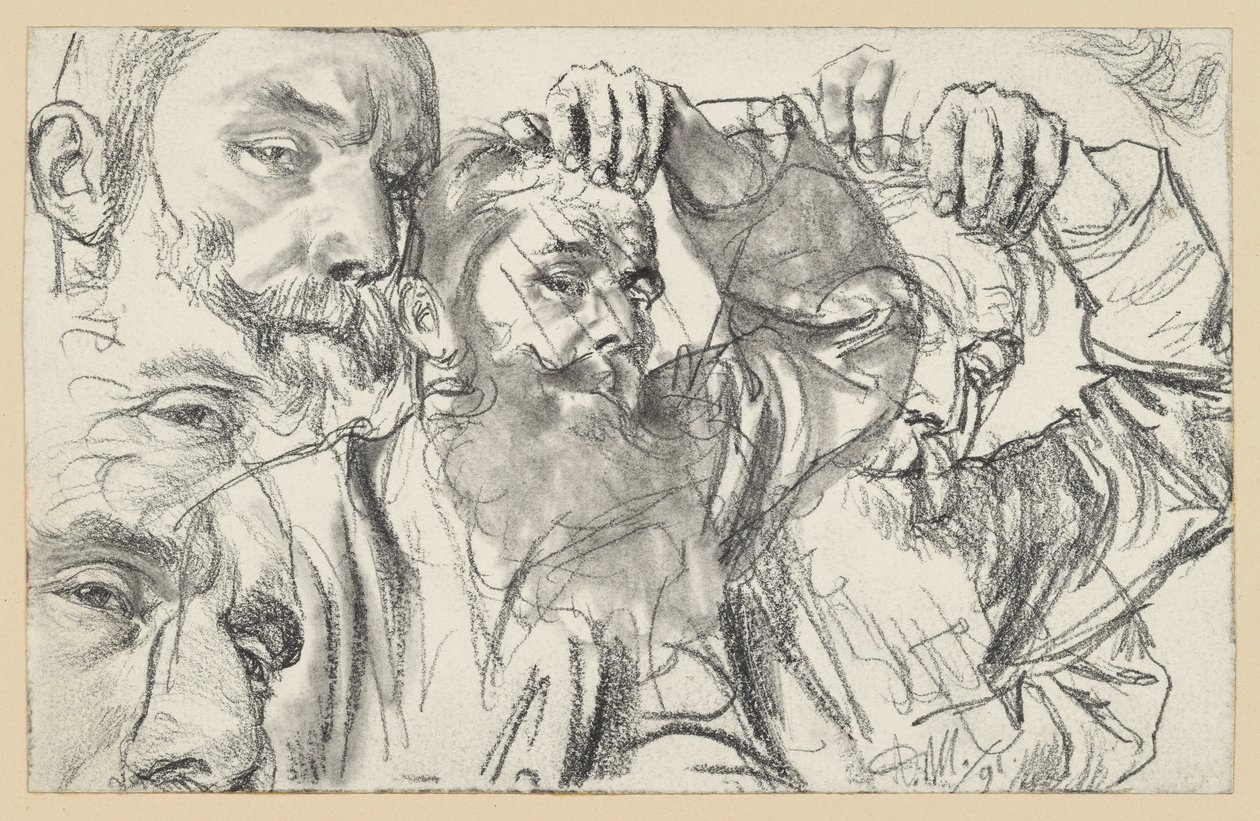 To studier af en skægget mand, der med sin venstre hånd rører ved panden; ansigtet er gentaget to gange af Adolph Menzel