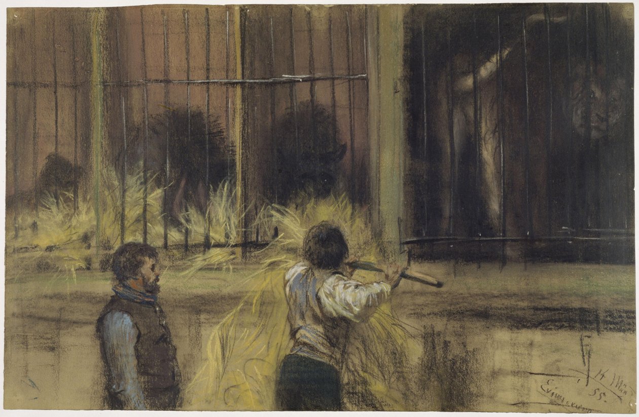 To dyrepassere foran rovdyrhuset af Adolph Menzel