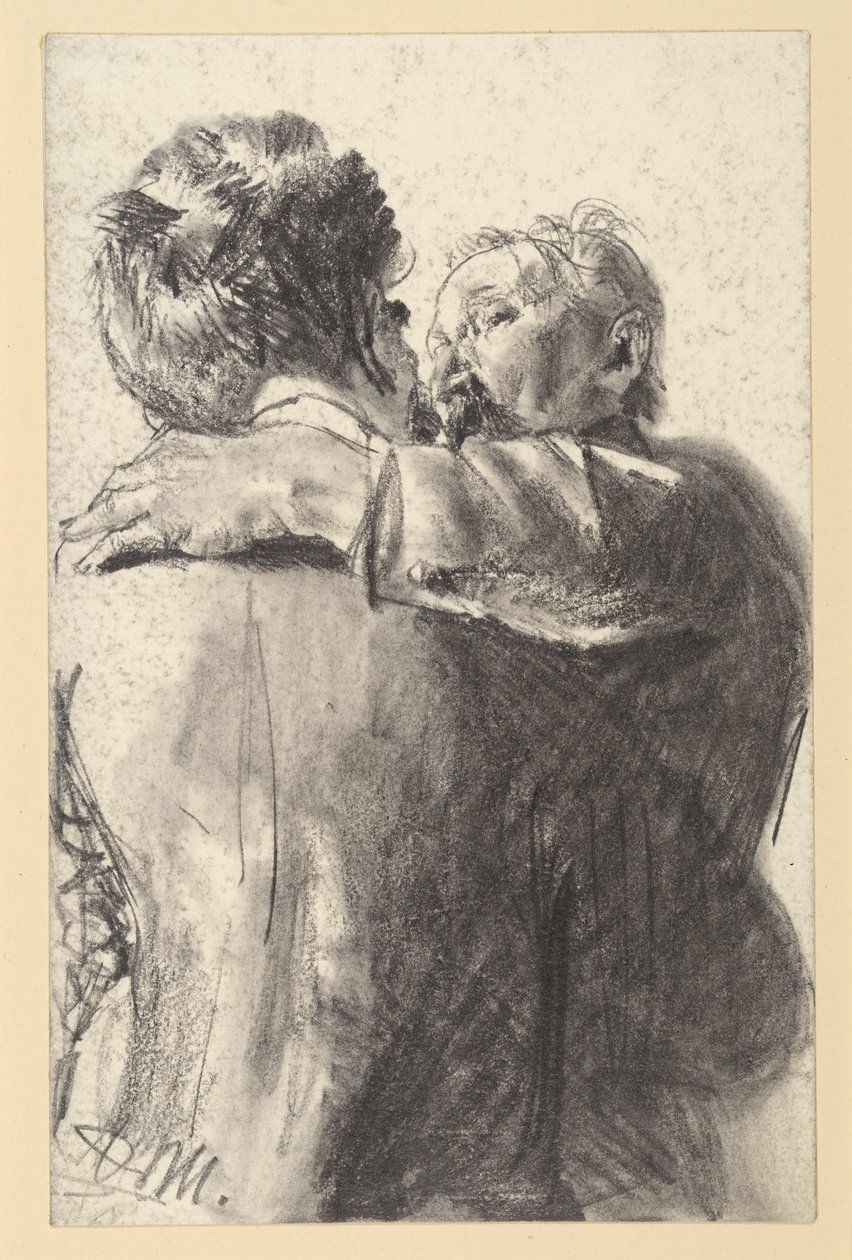 To mænd, der omfavner hinanden, set bagfra og fra siden af Adolph Menzel