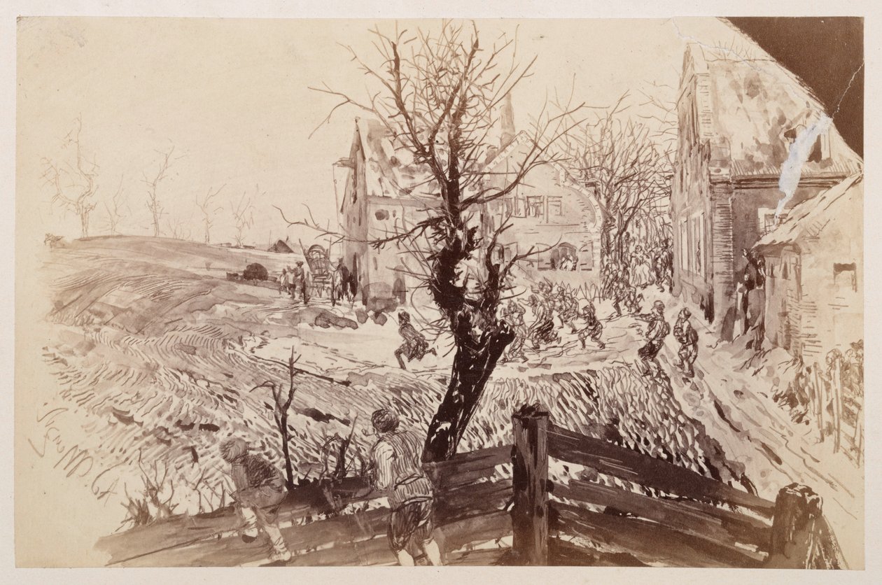 Mellem landsbyens sidste huse bryder mængden frem for at forfølge den flygtende Adam, som ses skynde sig bort med sin stok, til Heinrich von Kleists „Den sønderslåede krukke“ af Adolph Menzel