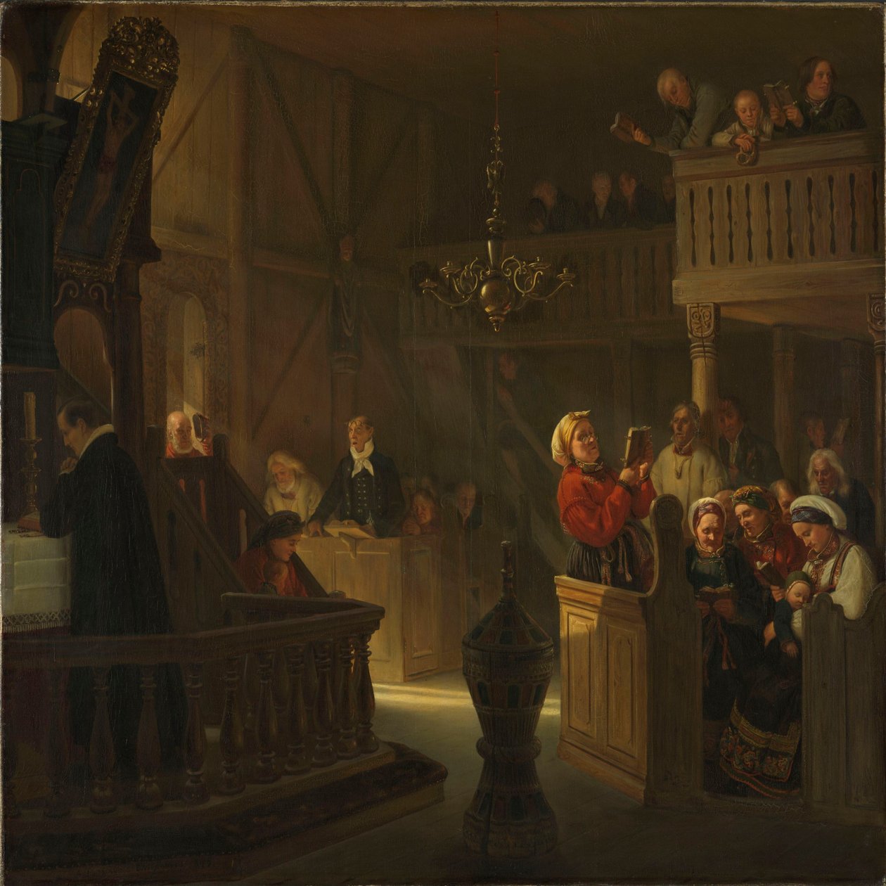 Gudstjeneste i en norsk landsbykirke af Adolph Tidemand