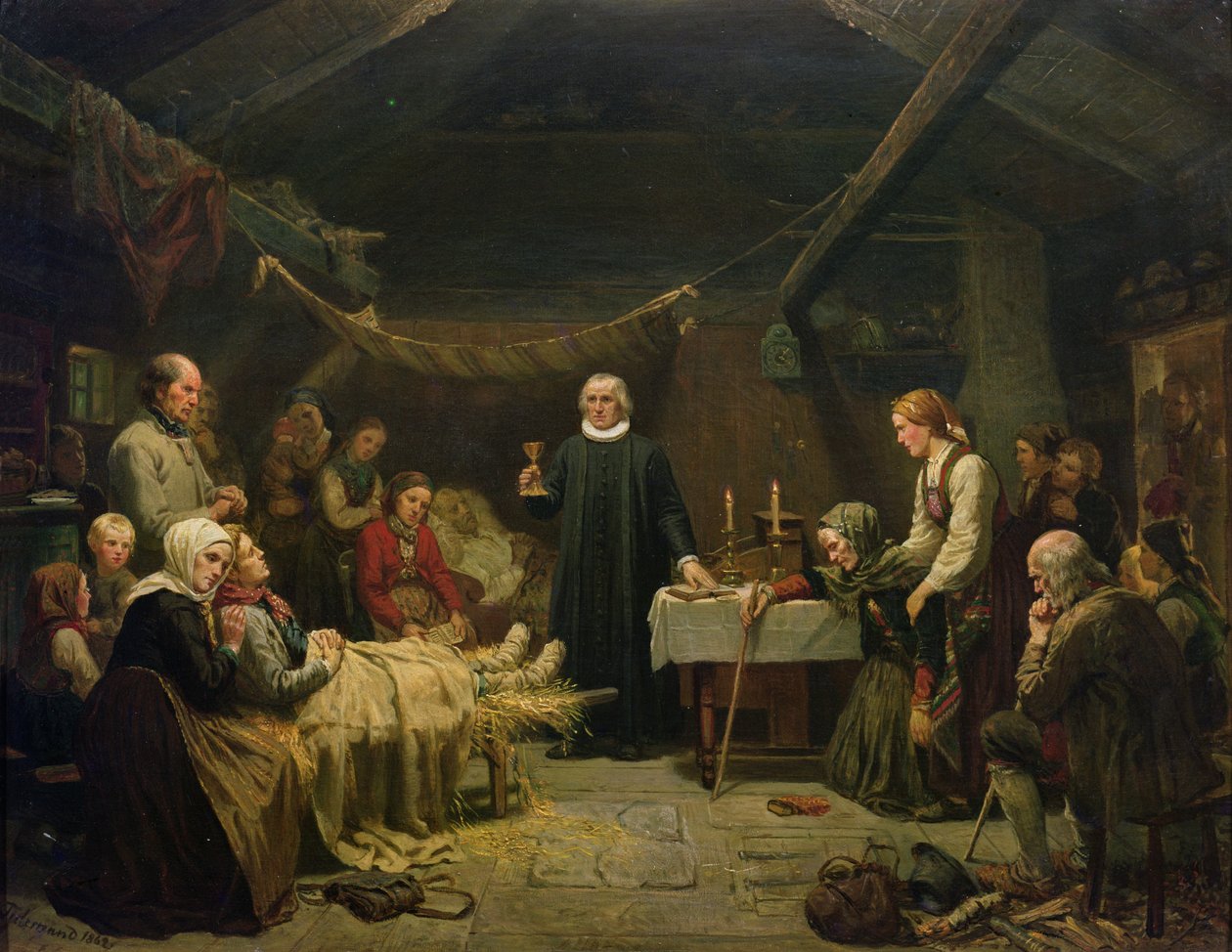 Den syge Bjørnejæger. Det sidste sakramente af Adolph Tidemand