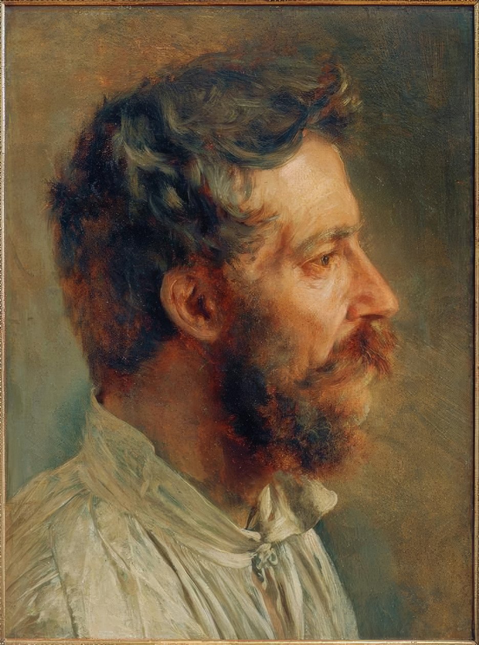 Skægget arbejderhoved i profil af Adolph Menzel